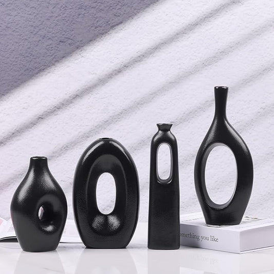 Black Ceramic Vase for Home Decor Set of 4 - Oval Hollow Vase Nordic Black Round Vase for Pampas Grass, Modern Decorative Flowers Vase for Living Room, Office, Mantel, Entryway, Table Centerpieces