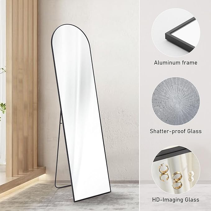 Sweetcrispy Full Length Arched Full Body Floor Mirror with Stand Aluminum Alloy Frame, Standing Hanging or Leaning Wall, 59"x16"