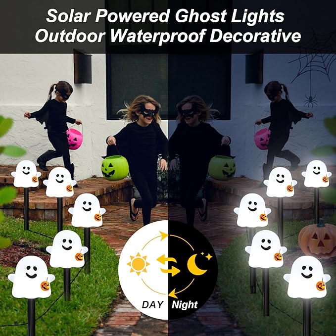 Solar Halloween Ghost Pathway Lights, 10 Pack Ghost Stake Lights with Pumpkin Design, Durable Waterproof Outdoor Halloween Decoration for Garden, Walkway, and Yard (Cold White)