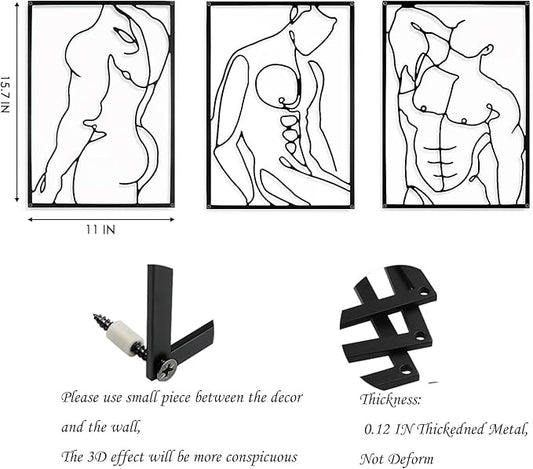SIETIOJI 3 Pcs Black Wall Art Decor - Real Metal Modern Minimalist Male Body Shape Wall Art for Living, Kitchen, Bedroom Walls
