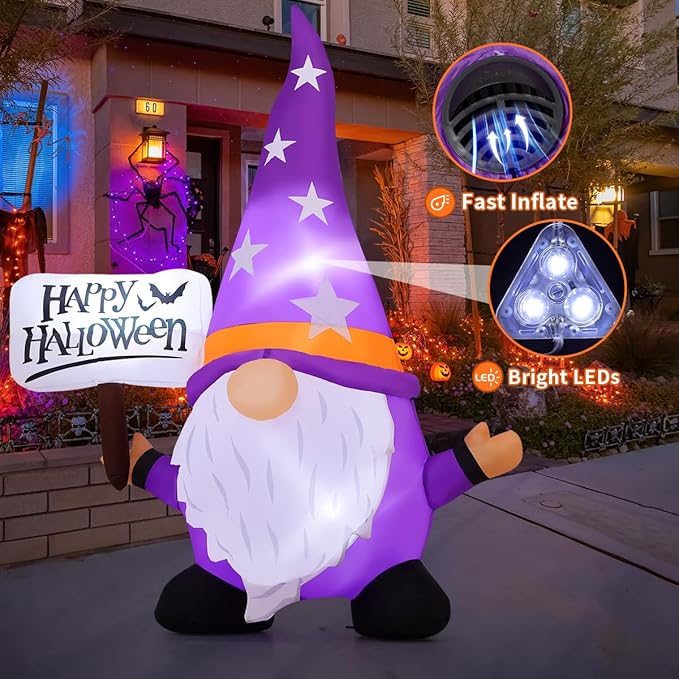 GOOSH 6 FT Halloween Gnome Inflatables Outdoor Decorations, Halloween Gnome Blow Up Yard Decorations Built-in LED Lights for Holiday Outdoor Lawn Garden Party