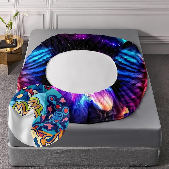 AILONEN Lion Fitted Sheet Set Twin XL Size, 3 Pieces Printed Evening Starry Wings Lion Bed Sheet Set,Colorful Tie Dye Rainbow Fitted Sheet with 2 Pillowcases