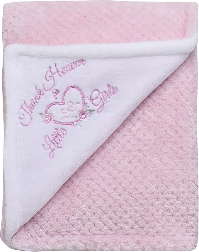 Little Me 2-Ply Reversible Baby Blanket with Thank Heaven for Little Girls Embroidery (Pink, 30x40)