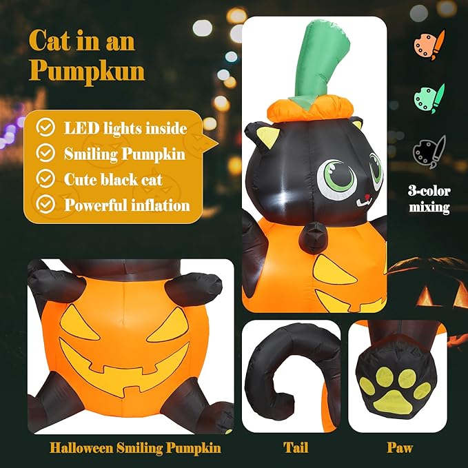 5FT Halloween Inflatable Pumpkin Cat, Lovely Black Cat with Build-in LED Lights, Blow up Halloween Inflatable Outdoor Indoor Decorations Large Party Yard Decoration (Black Cat in Pumpkin)