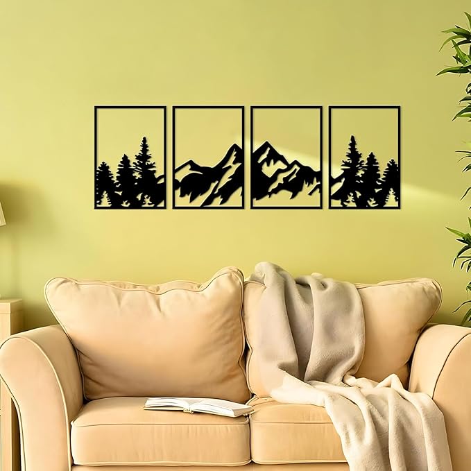 ESTART 4 Pcs Metal Mountain Wall Art, Large Mountains Wall Decor, Mountain Rivers Decorative Painting Suitable For Living Room Bedroom Office Indoor And Outdoor (Mountain Forest)