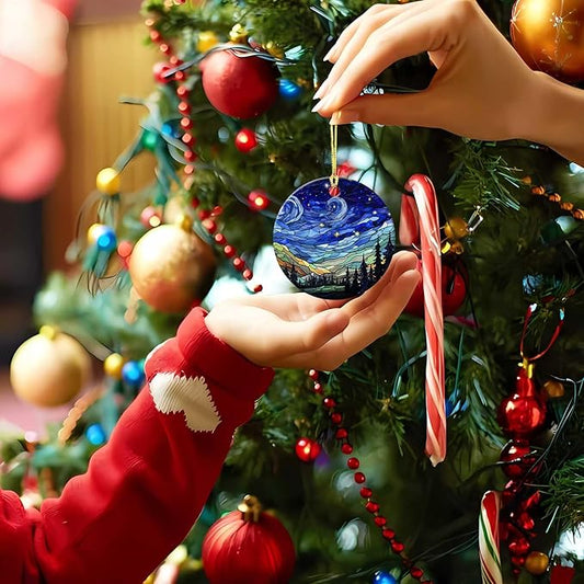 Starry Night Ornament Round Ceramic Ornament Xmas Keepsake for Christmas Tree Winter Holiday Xmas Gift for Women Men Xmas Hanging Ornament 3" #1
