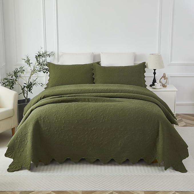 Brandream Queen Size Quilt Set Cotton Green Quilts Luxury Farmhouse Bedding Set Matelasse Coverlet Scalloped Quilt Set 3-Piece