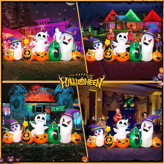 8 FT Halloween Inflatables Ghosts Pumpkins with Hat gnome Combo Decoration with Led Light Inflatables Outdoor Decor Blow up Inflatables for Holiday Party Lawn Yard Garden Decor