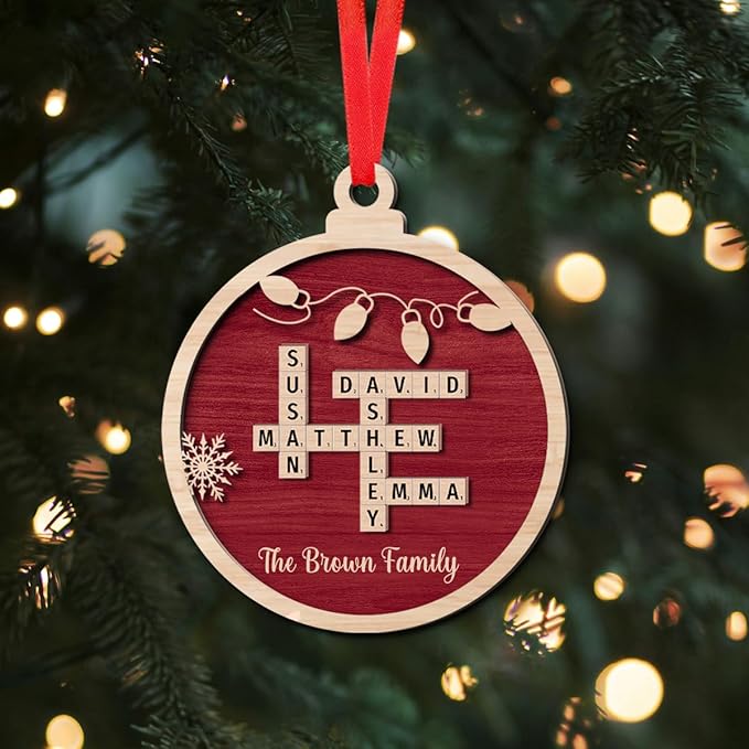 Custom Wooden Crossword Ornament, Personalize with Family Names, Personalized Ornament for Christmas Tree