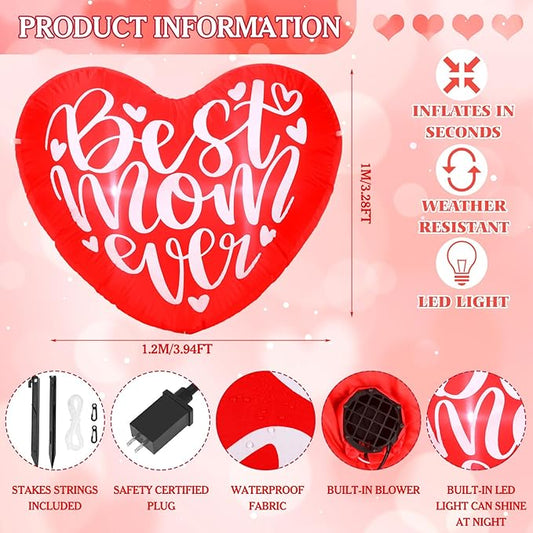 VIHOSE Happy Mother's Day Inflatables Decorations 3.9 ft Best Mom Ever Blow up Decor Heart LED Lights Inflatable Decor for Outdoor Yard Garden Lawn Decoration Mom Gifts Party Supplies