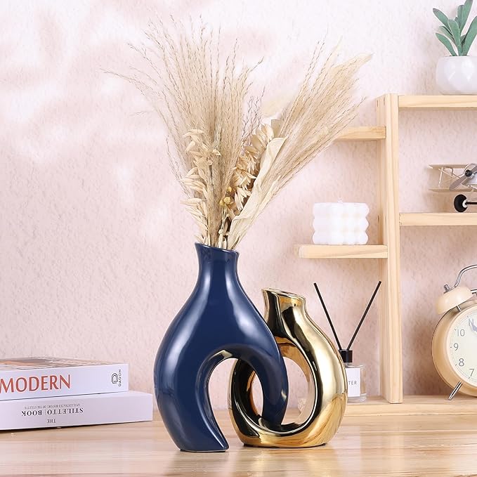 Ceramic Decorative Vase 2 Piece Set, Bohemian Style Openwork Blue and Gold Decorative Vase, Home Decor Aesthetics for Kitchen Cabinets, Office, Bedroom, Dresser, Entryway Table Decoration.