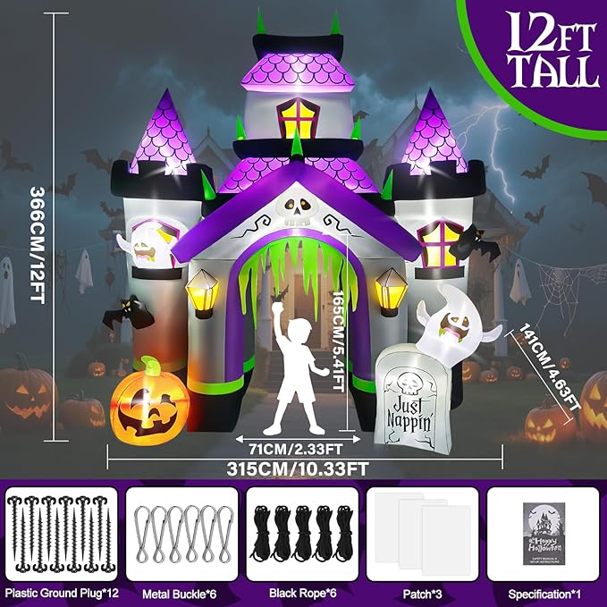 Kalolary 12FT Halloween Inflatables Haunted House Castle Archway with LED Lights, Giant Ghost Pumpkin Arch Blow Up Halloween Outdoors Yard Decoration Scary Inflatable for Garden Lawn Indoor Decor