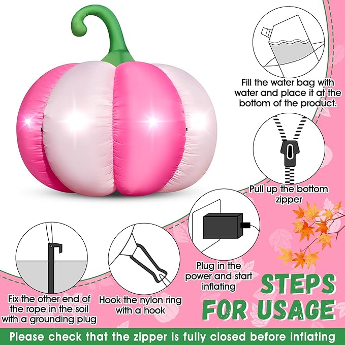 4.6FT Halloween Inflatable Pumpkin Outdoor Decorations Blow-up Pink Pumpkin Build-in 4 LED Lights for Halloween Party Decor Giant Inflatable Fake Pumpkins for Fall Thanksgiving Yard Garden Lawn