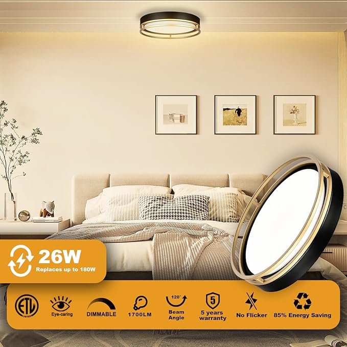 12.5 Inch LED Flush Mount Ceiling Light Fixture, 26W, Super Bright 1700 Lumens, 3 Color 3000K/4000K/5000K, Dimmable Ceiling Lamp for Bedroom Hallway Bathroom Kitchen Laundry (Black Gold)