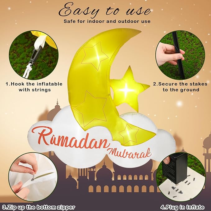 VIHOSE 5.5 FT Inflatable Muslim Holiday Outdoor Decorations and Holy Celebration Decor Blow Up Islamic Eid Decor Inflatable Ramadan Mubarak with LED Lights Celebrate Fasting Introspection and Prayer