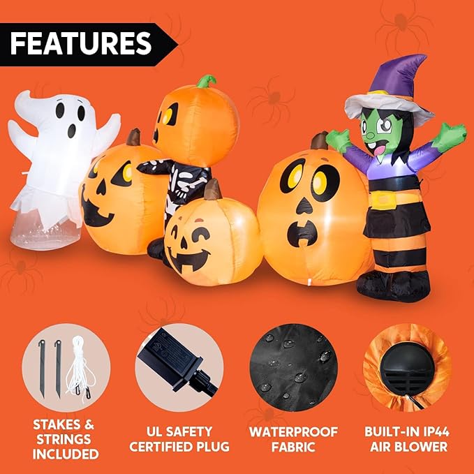 Joiedomi 8 ft Long Halloween Inflatable Three Characters and Pumpkin Patch Outdoor Decoration, Blow Up Inflatables Witch Ghost Skeleton Yard Decorations with LEDs for Party Yard Lawn Garden Decor