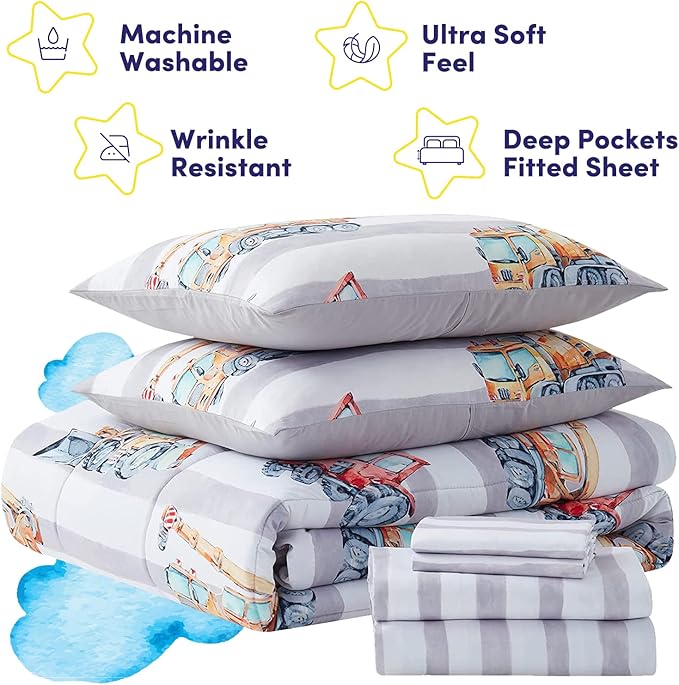 Kids Bedding Set Bed in a Bag for Boys and Girls Toddlers Printed Sheet Set and Comforter , Twin, Trucks