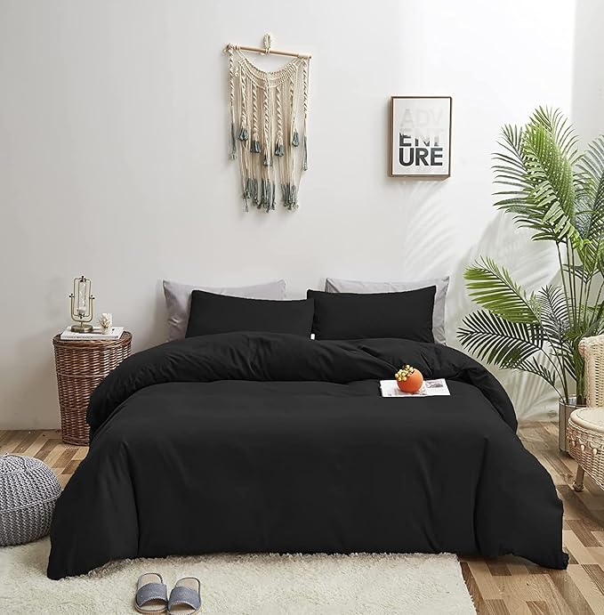 Wellboo Black Comforter King Size Solid Color Bedding Set Soft 3 Pieces Dark Black Quilt Comforters Lightweight All Seasons Minimalist Design Bedding for Women Men Vintage Bedding