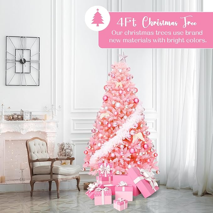4ft Artificial Christmas Tree, Arbol de Navidad with 450 Branch Tips, Premium North Valley Spruce with Foldable Base Stand, Xmas Tree for Home, Office,Party Decoration-Pink