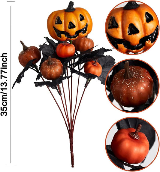 PARTY JOY 4Pcs Halloween Pumpkin Bunch with Black Maple Leaves Artificial Fall Flowers for Autumn Fall Floral Arrangements Fall Decor Decoration for Home