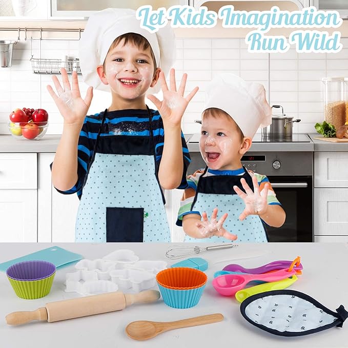 Vanmor Kids Basic Cooking and Baking Sets, 26 Pcs Kids Baking Sets with Kids Chef Hat and Apron for Girls Boys Toddler Dress Up Chef Costume Career Role-Playing Toys for 3456 Years Old Girl Boys Gifts