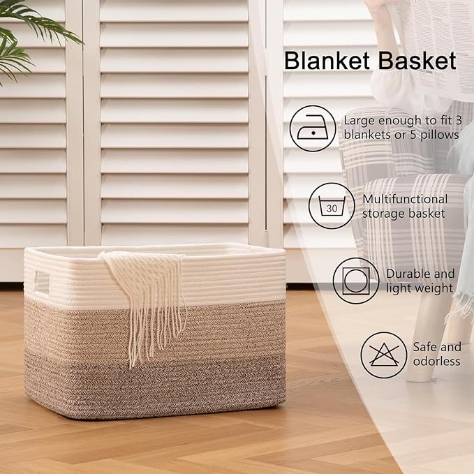 OIAHOMY Rectangle Woven Storage Basket - Nursery Cotton Rope Baskets for Storage For Living Room, Toy and Blanket Organizing, 18"x14"x12"- Pack of 3 - Gradient Yellow