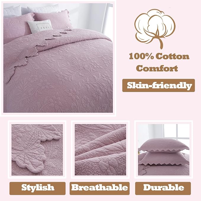 Brandream Queen Size Quilt Set Cotton Farmhouse Quilted Comforter Set Dusty Pink Vintage Matelasse Coverlet Set Antique Bedroom Set