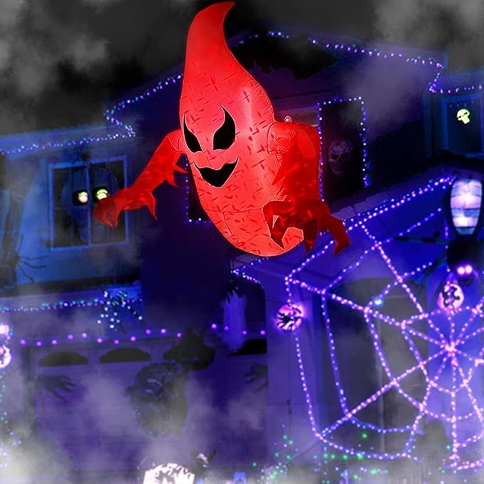5FT Halloween Inflatable Decoration Ghost Broke Out from Window, Spooky Blow-up Inflatable Ghost Decor with Build-in LED Rotating Fire Flame Lights for Halloween Party, Outdoor, Yard, Garden, Lawn