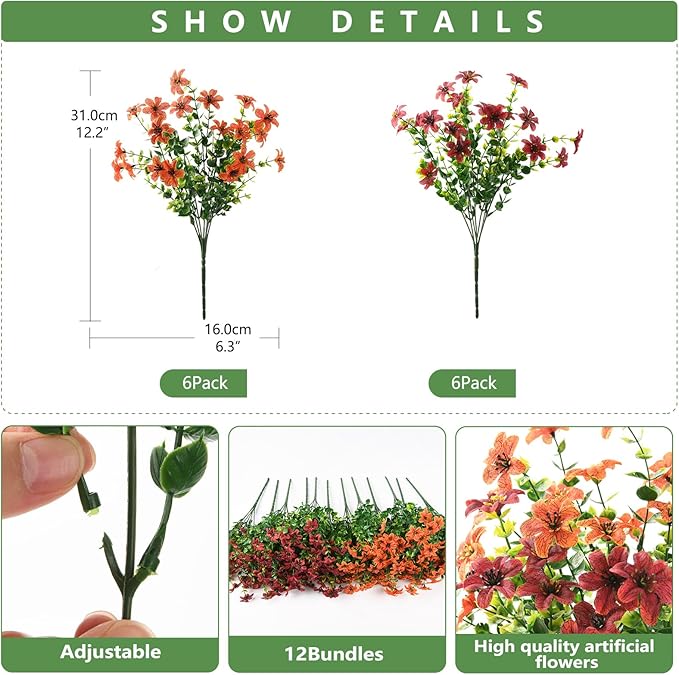 Artificial Mums Flowers Outdoors Autumn Decor, Fall Fake Silk Daisy UV Resistant, 12 Bundles Outside Faux Flower Plants for Home Garden Porch Patio Yard Balcony Window (Orange Brown)