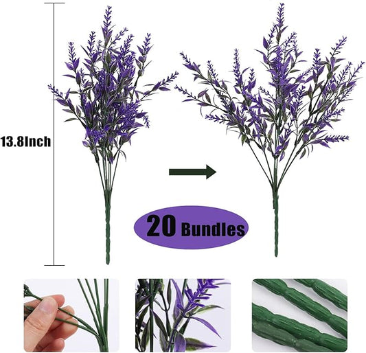 RECUTMS 20 Bundles Outdoor Artificial Flowers UV Resistant Fake Outdoor Plants, Faux Greenery for Indoor Outside Hanging Plants Garden Porch Window Box Home Wedding Farmhouse Décor(Purple)