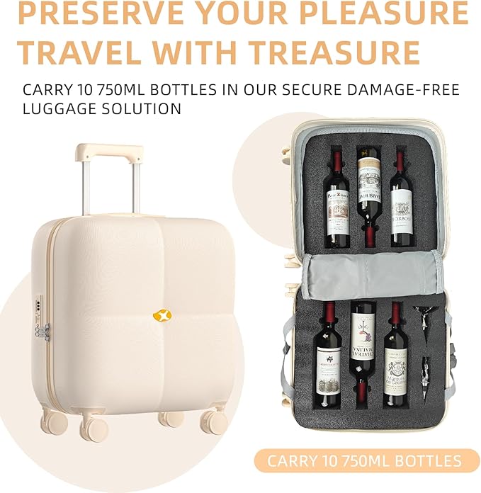 Wine Suitcase, 6 Bottle Wine Luggage, Durable Wine Travel Case, Fly With Wine Suitcase with TSA Lock, Versatile Wine Carrier with Removable Inserts and Silent Spinner Wheels(Cream)