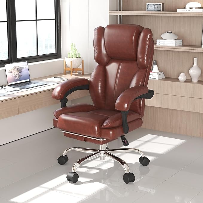Big and Tall Office Chair, Ergonomic Leather High Back Executive Computer Chair with Retractable Footrest, Adjustable Headrest, Padded Arms, 360°Swivel Free, 90-135°Reclining, 500lbs Wide Seat, Brown