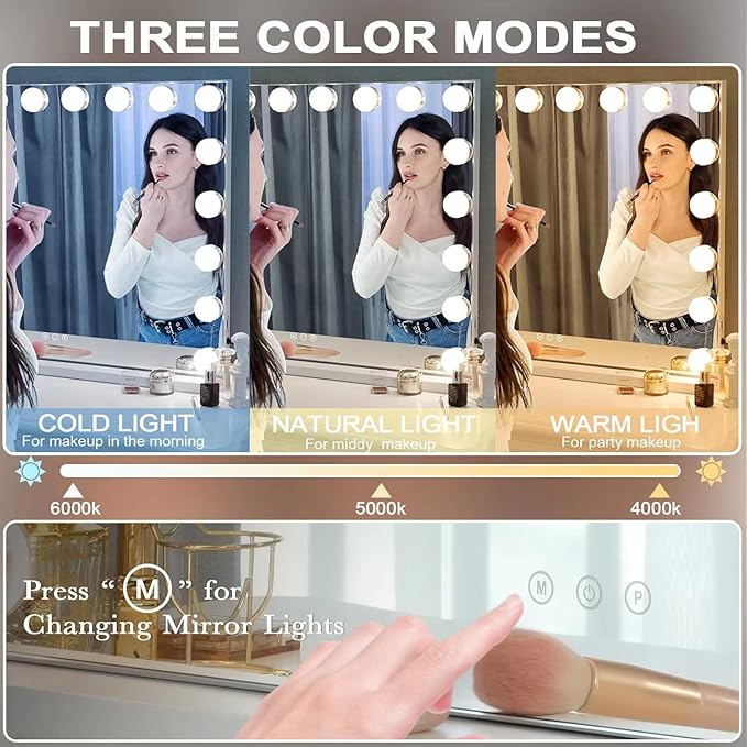Kottova Vanity Mirror with Lights,27.6 x21.6'' Large Makeup Mirror, 3 Color Modes,Touch Control, USB Charger Port, Hollywood Lighted Mirror with 18 Dimmable LED,Metal Frame,Plug in
