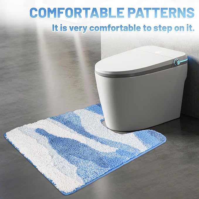 Wave Non-Slip Toilet Contour Rug, Luxurious Tufted Extra Thick U-Shaped Bathroom Rug, Ocean Beach Designed U-Shaped Toilet Floor Mat, Washable and Absorbent Bathroom Carpet (24 x 20 in)