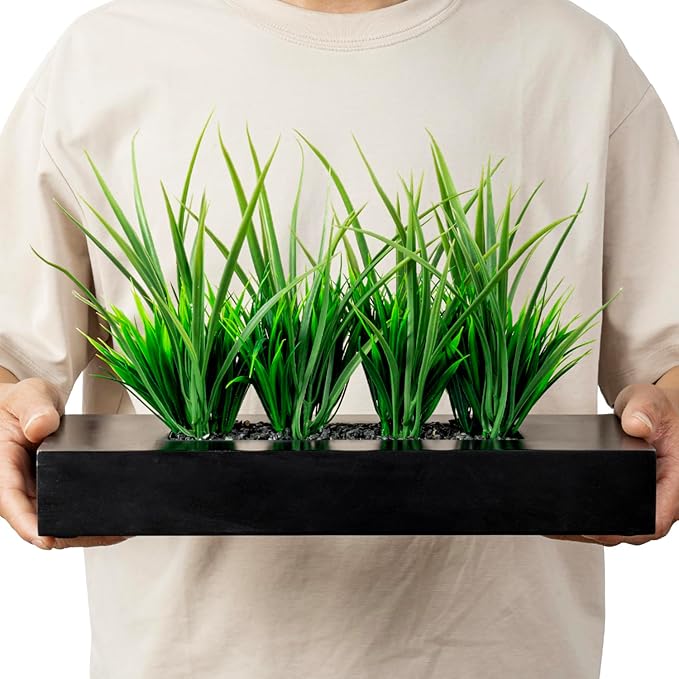 MyGift Large Artificial Green Grass Plants Potted in 14-Inch Matte Black Wood Decorative Planter, Tabletop Faux Greenery in Wooden Rectangular Pot Centerpiece Décor