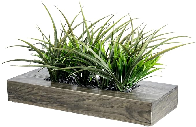 MyGift Large Artificial Green Grass Plants Potted in 14 Inch Vintage Weathered Gray Solid Wood Rectangular Planter Box, Decorative Tabletop Faux Greenery Centerpiece Décor