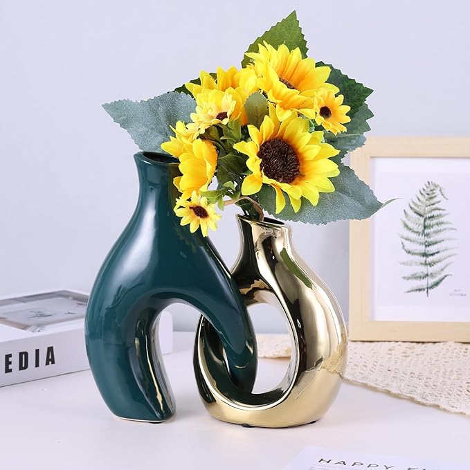 Ceramic Decorative Vases 2 Piece Set, Bohemian Style Openwork Green and Gold Decorative Vases, Home Decor Aesthetics for Kitchen Cabinets, Office, Bedroom, Dresser, Entryway Table Decor.