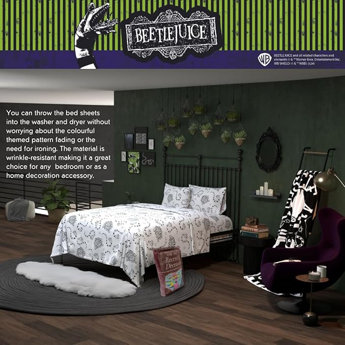 Franco Collectibles Beetlejuice Bedding Super Soft Microfiber Queen Sheet Set, College Dorm Essentials, (Officially Licensed Product)