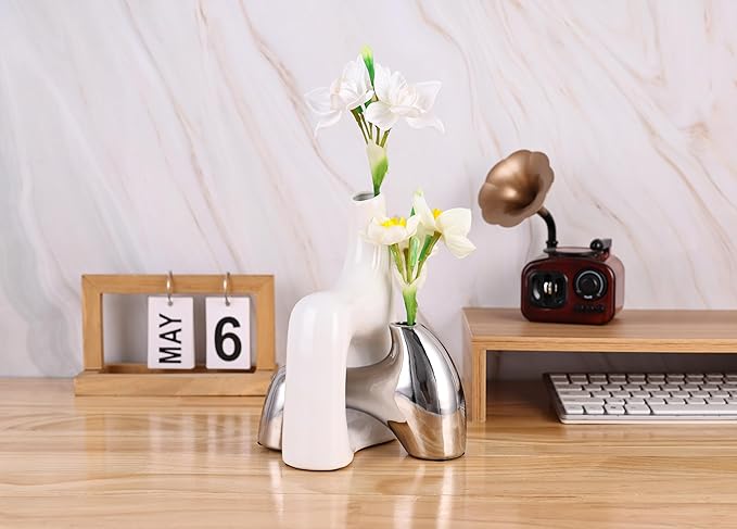 Intertwining Vase Set Snuggle Hollow Ceramic Vase Set of 2 White and Silver Vase Modern Boho Home Decor for Neutral Minimalist Vase for Dining Room Table Centerpiece Dining Room,Wedding Table Deco