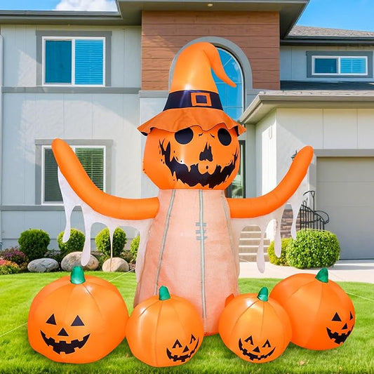 MGparty 8FT Halloween Inflatables Pumpkin Decorations with LED Built-in Pumpkin Scarecrow Halloween Yard Decoration Blow Up Inflatable for Outdoor Indoor Garden Lawn Holiday Party