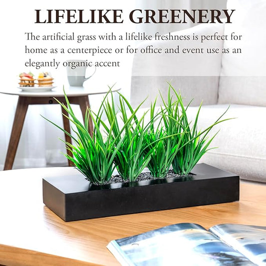 MyGift Large Artificial Green Grass Plants Potted in 14-Inch Matte Black Wood Decorative Planter, Tabletop Faux Greenery in Wooden Rectangular Pot Centerpiece Décor
