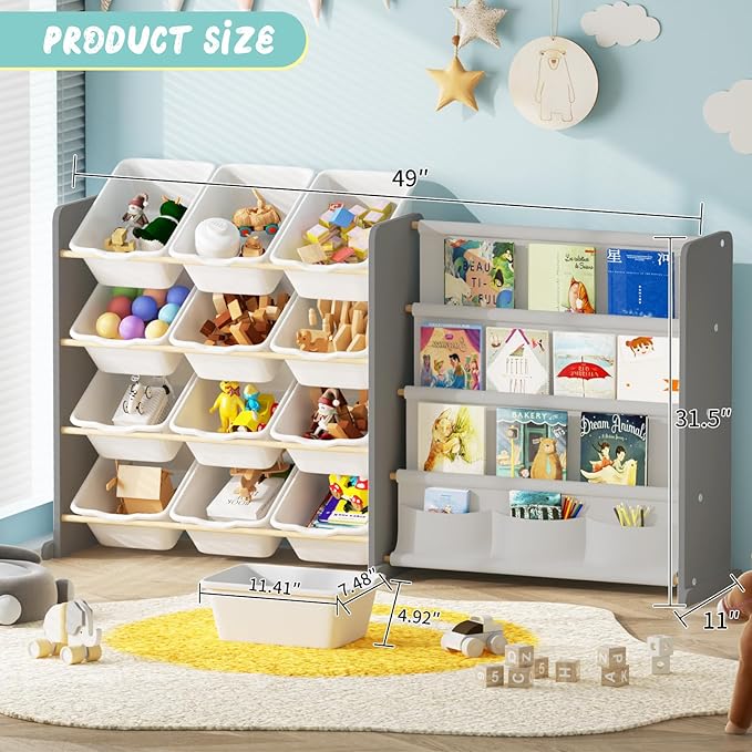 Kids Toy Storage Organizer - Toy Storage with Kids Bookshelf, Toy Organizer with 12 White Bins and 4 Book Shelves, Toy Organizers and Storage for Playroom, Nursery, Kids Room, Grey