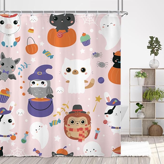 Cute Animal Halloween Shower Curtain 60Wx72L Inch Kids Child Nursery Pumpkin Cartoon Ghost Spider Bathroom Set Accessories Decor Polyester Waterproof with 12 Pack Hooks