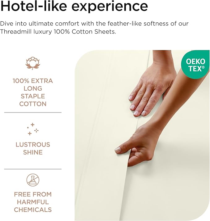 Threadmill Luxury 800 Thread Count Queen 100% Cotton Sheets - Ivory Sateen Weave Bed-Sheets, Better Than Egyptian Cotton,4 Pc Solid Soft Bed Set, Fits 16" Deep Pocket