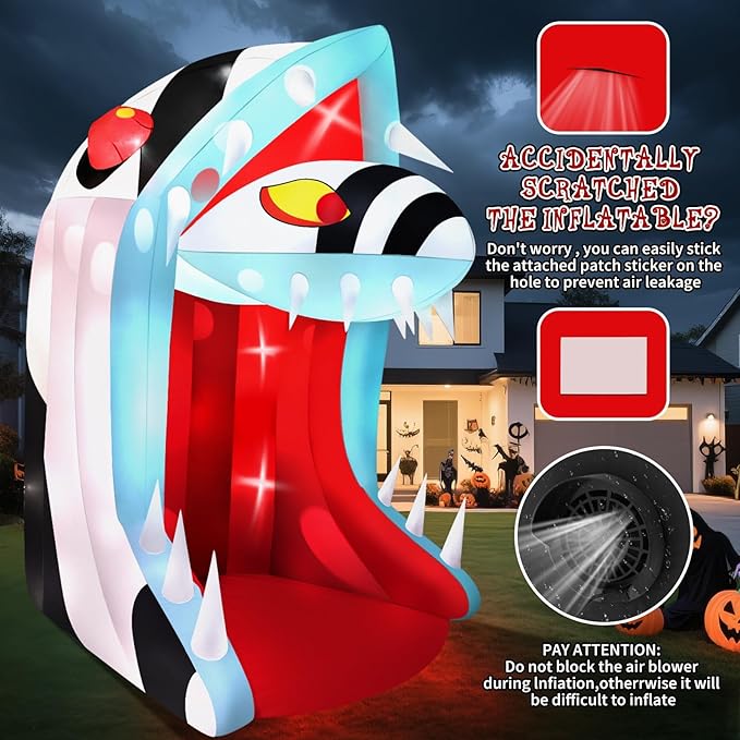 10FT Halloween Inflatable Snake Head with LED Light, Kalolary Halloween Outdoor Decoration with Open Mouth and Sharp Teeth, Halloween Inflatable Archway Halloween Snake Blow up Yard Decor for Home