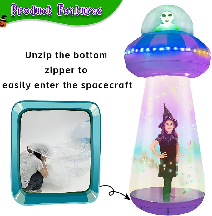 OurWarm 10 FT Halloween Inflatables Outdoor Decorations, Alien Blow Up Yard Decorations with LED Lights, UFO Inflatable Halloween Decorations for Outdoor Holiday Party Garden Lawn Decor