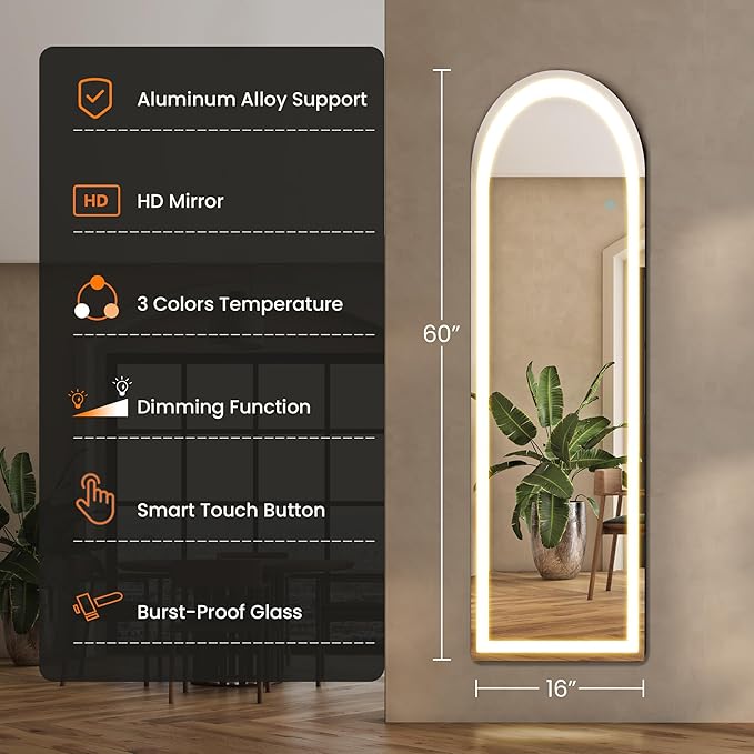 Sweetcrispy Full Length Mirror with LED Lights, 60"x16" Lighted Floor Mirror with Dimming & 3 Color Lighting, Stand for Bedroom, Dressing Room, Arched