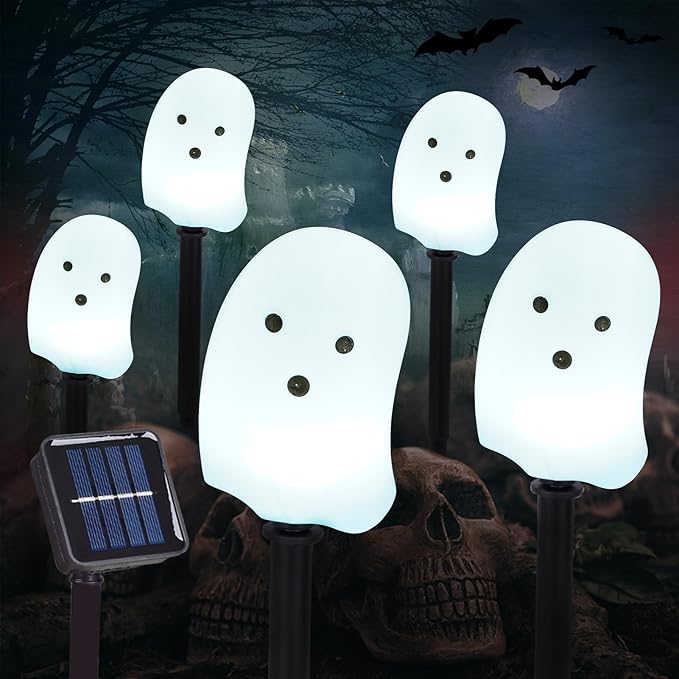 BRIGHTDECK Solar Halloween Ghost Pathway Lights, 5 Pack Ghost Stake Lights, Durable Waterproof Outdoor Halloween Decoration for Garden, Patio, Walkway, and Yard (5Pcs Ghost)