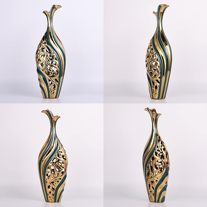 19 inch Tall Floor vase, Green and Gold Ceramic vase, Pottery Decorative vase, Unique Pampas Grass vase Suitable for Living Room Floor, Home Office, Porch Home Centerpiece Decorative Large vase