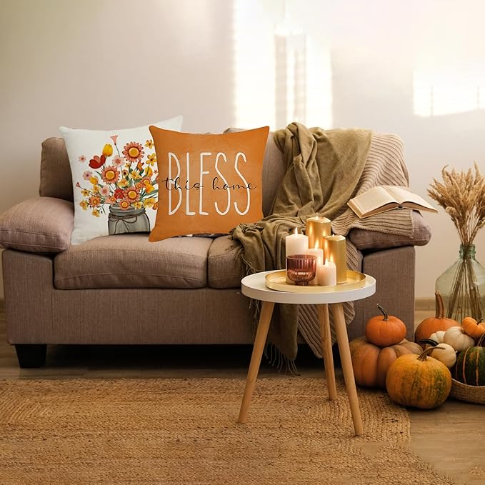 Fall Pillow Covers 18x18 Set of 4, Fall Decorations for Home - Thanksgiving Decorations Autumn Cushion Case for Couch